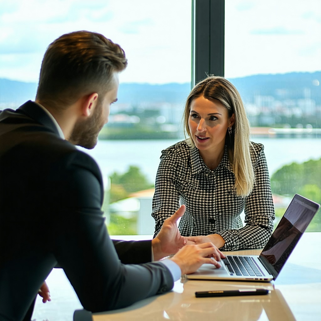 an hr manager explaining benefits to a new hire using a laptop include a male and a female location is in a conference room with an amazing view-1